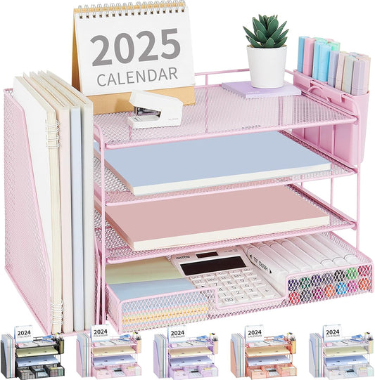 Desk Organizer and Accessories, 4-Tier Desktop File Organizer with Drawer and 2 Pen Holders, Office Desk Accessories, File Sorters, Workspace Organizers for Office Supplies(Pink)