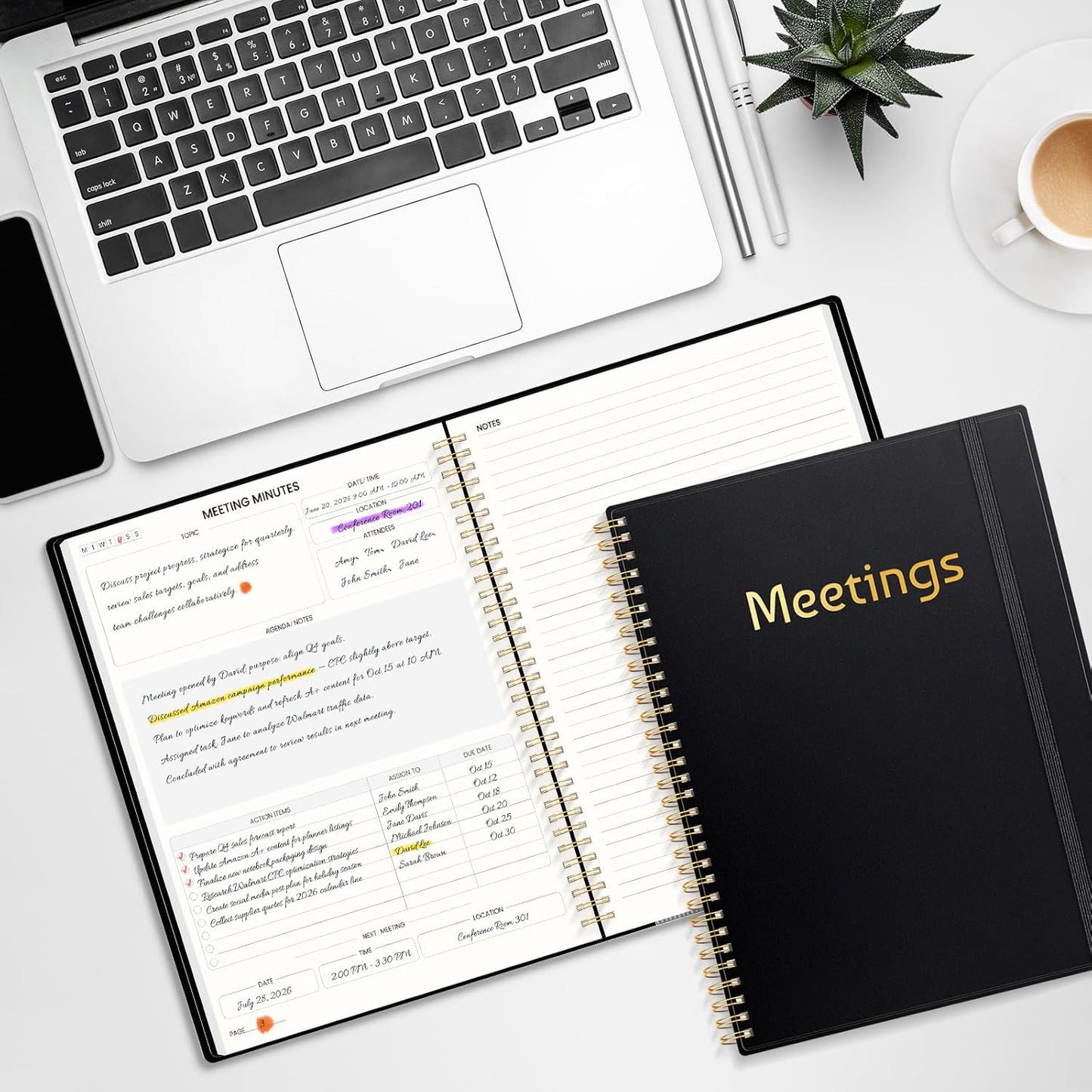 SUNEE Half Meeting Half Note 8.5"x11" Notebook for Work – 140 Pages, A4 Size Project Planner for Women&Men, Minutes Organizer for Meeting Notes, Ideas for Office/Business, PVC Waterproof Cover, Black