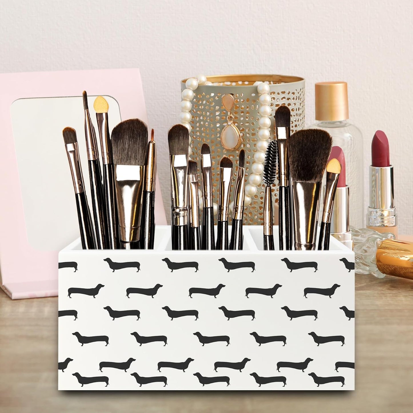 Black Dachshund Pen Pencil Holder Organizer for Desk, Weiner Dog Gifts Wooden Box Signs Decorations for Home Office Desk Tabletop, Dachshund Lovers Gifts for Women Men