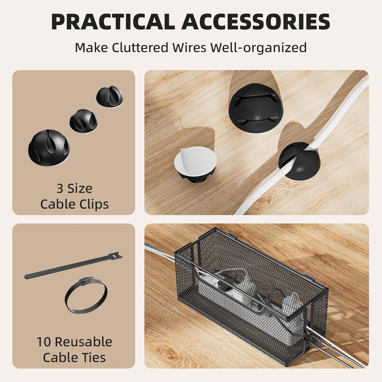 Marbrasse 3 Pack Cable Management Box, Metal Mesh Cord Organizer Box for TV Wires, Electrical Hiding, Power Strip – Under Desk Cable Storage Box with Cable Clips&Reusable Cable Ties for Home/Office