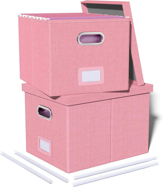 Oterri 2 Pack File Storage Organizer, Filing Box, Portable File Box with Lid, Fit for Letter/Legal File Folder Storage, document organizer, New-pink