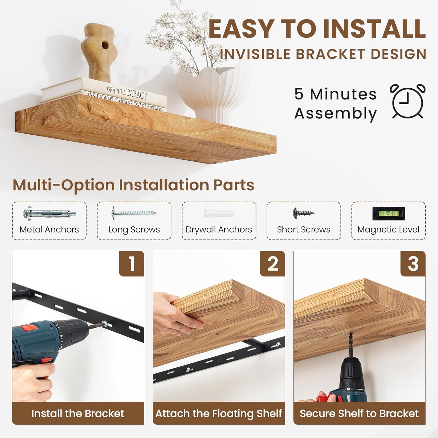 Floating Shelves, 8" Deep Rustic Solid Elm Wood Wall Mounted Floating Shelves, Wall Shelves with Invisible Bracket for Living Room Bathroom Bedroom Kitchen, 48 Inch, Natural