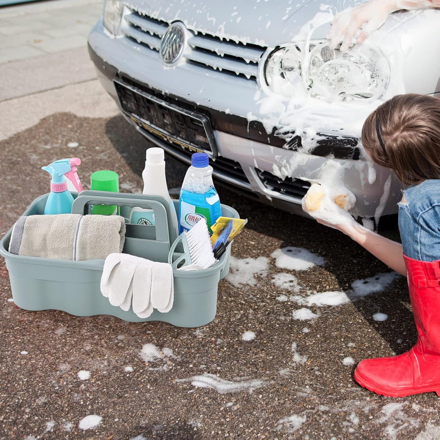 4-Pack Plastic Caddies with Portable Handle, Supply Caddy Basket for Storage Cleaning Tool, Grey