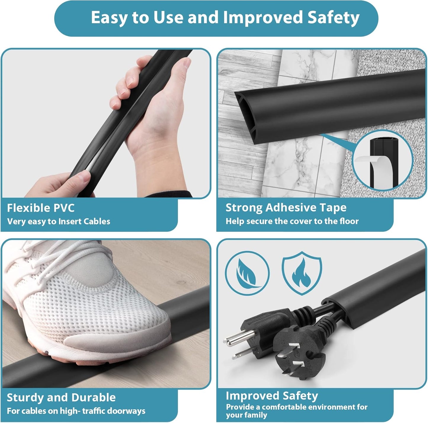 Floor Cable Cover 3ft Black, LZEOY Cord Covers for Wires on Floor, Cord Hider Floor Cable Management, Extension Cord Floor Cover Low Profile, Floor Cord Cover for Office/Carpet/Floor