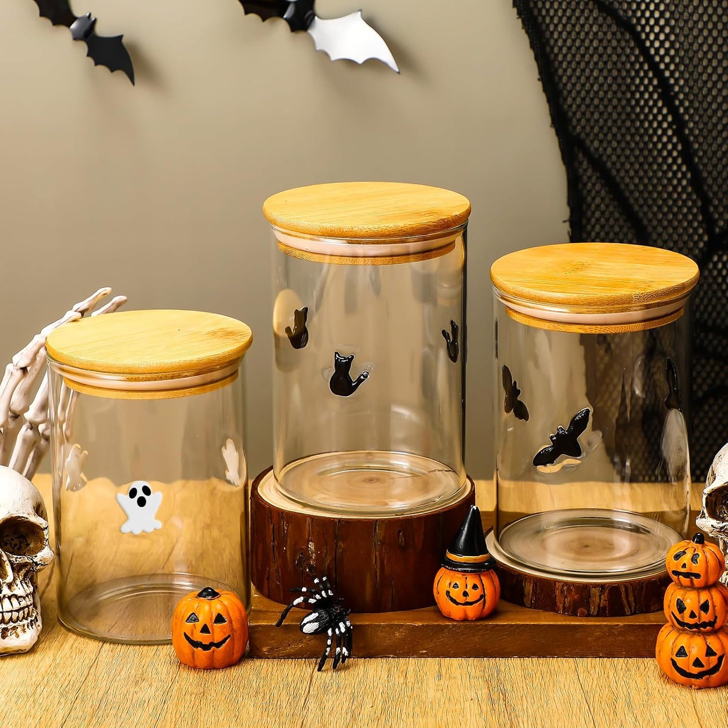3 Pcs Halloween Icon Glass Storage Jars with Airtight Bamboo Lid Black White Ghost Bat Cat Icon Halloween Glass Jars Canister Sets for Winter Home Kitchen Countertop Decoration