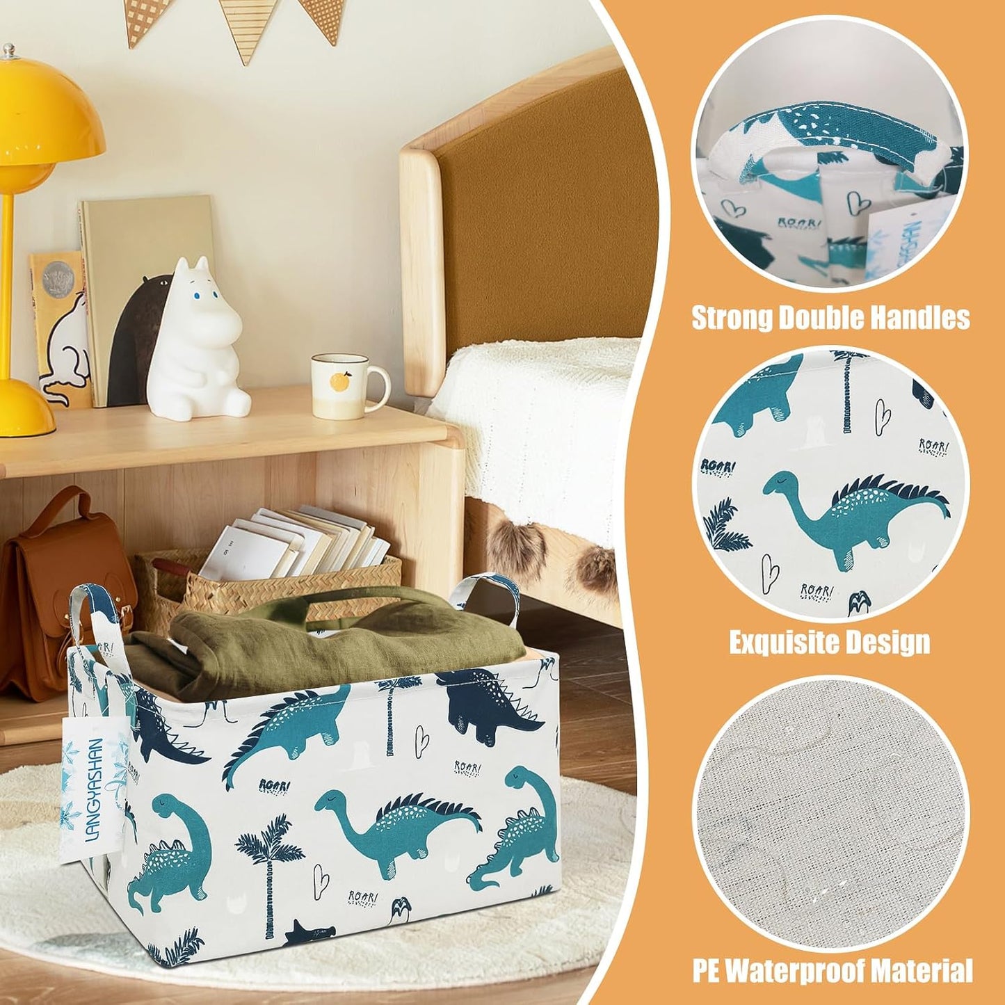 LANGYASHAN Rectangular Storage Bin Collapse Canvas Fabric Cartoon Storage Basket with Handles for Organizing Home Kitchen Boys and Girls Toys Office Closet Shelf Baskets (Rec green dinosaur)