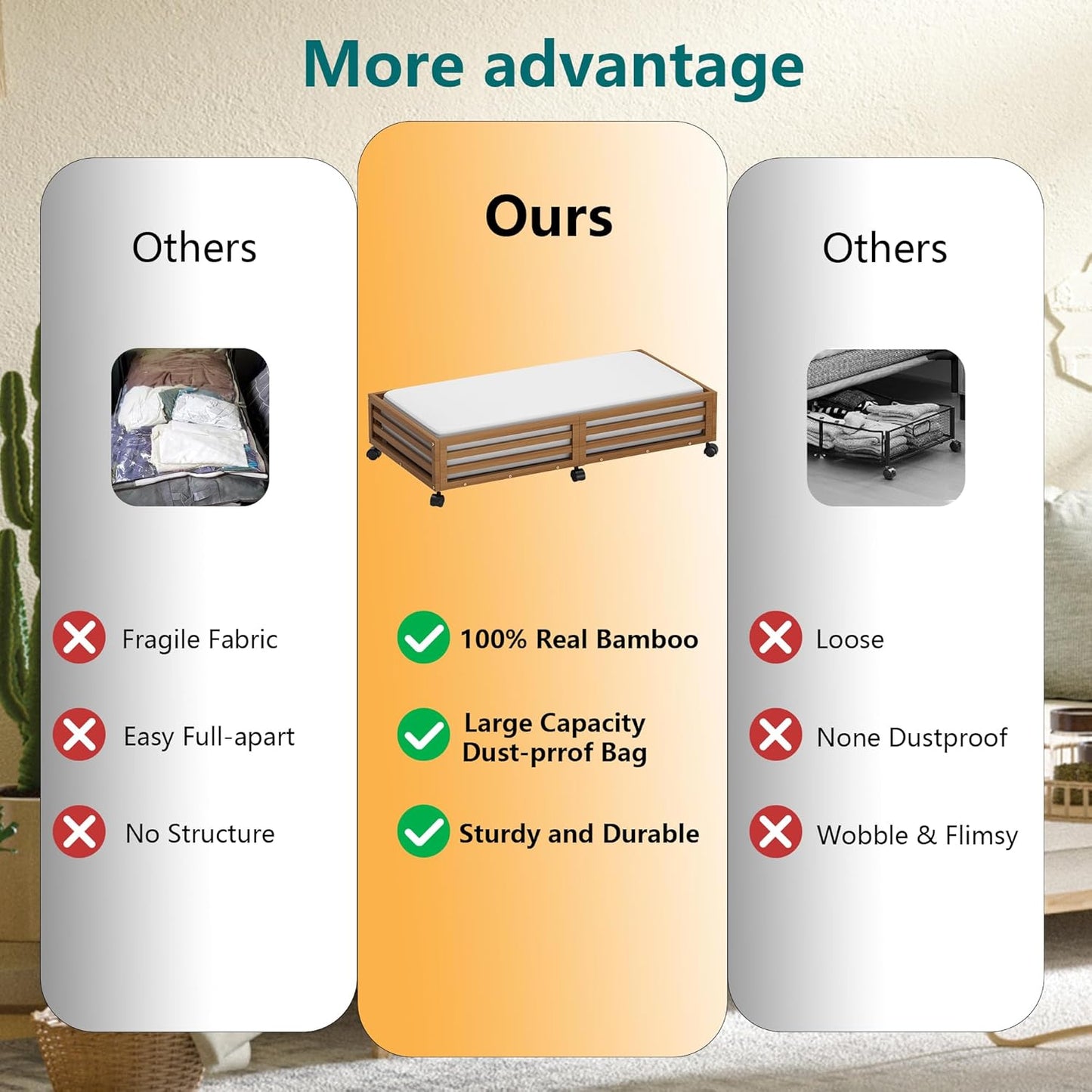 Bamboo Under Bed Storage Containers- Underbed Organizer with Wheels with Large Capacity Dust Bag,Sturdy Wood Rolling Under Bed Shoe Storage Organizer 2 Packs (Walnut, 2 Packs (33.07"×16.54"))