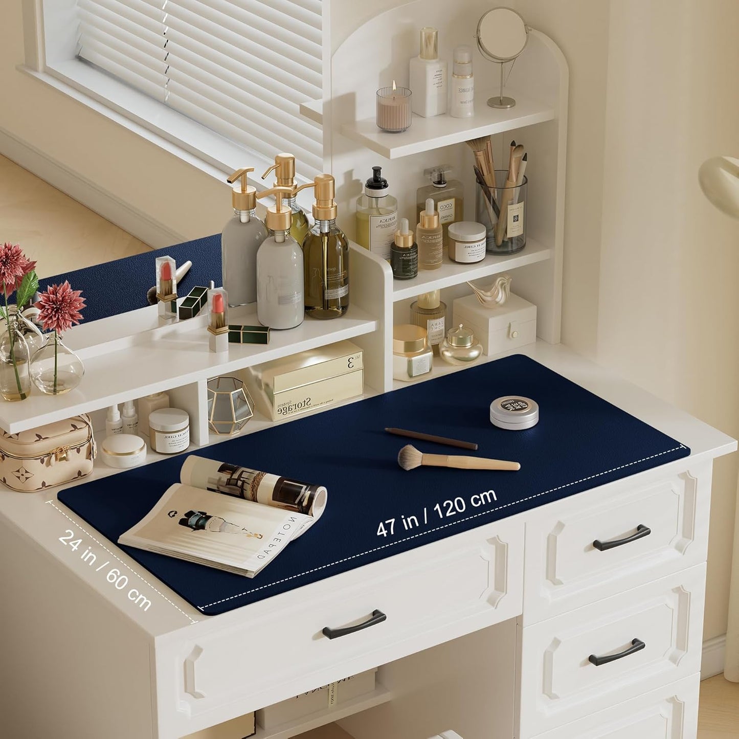 Aothia Leather Desk Pad Protector, Office Desk Mat, Large Mouse Pad, Laptop Desk Pad, Non-Slip PU Leather Desk Blotter, Waterproof Desk Writing Pad for Office and Home (Dark Blue, 47" x 24")