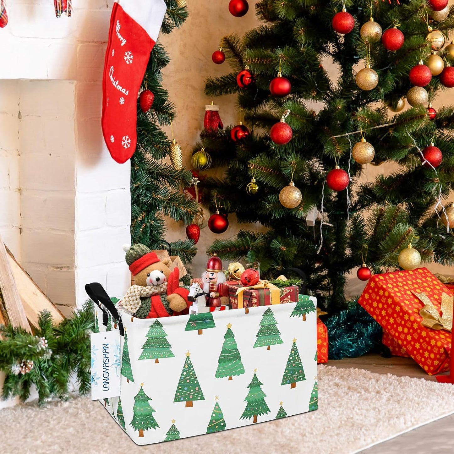 LANGYASHAN Rectangular Storage Bin Collapse Canvas Fabric Cartoon Storage Basket with Handles for Organizing Home Kitchen Boys and Girls Toys Office Closet Shelf Baskets (Rec christmas tree)