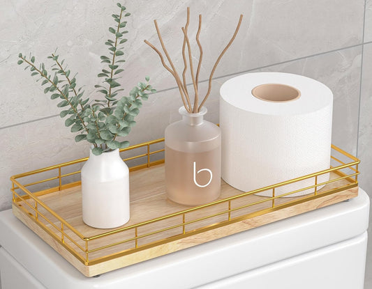 Toilet Paper Basket Organizer – Oak Wood Toilet Tank Tray with Metal Frame, Back of Tank or Top Bathroom Counter Storage – Gold & Oak Modern Decor