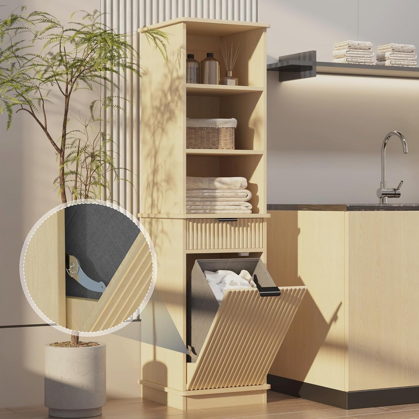 Natural Tilt Out Laundry Hamper Tall Bathroom Storage Cabinet Hidden Laundry Hamper Cabinet with Drawers and Baskets for Bathroom Hamper with Storage for Bedroom,16x16x59in