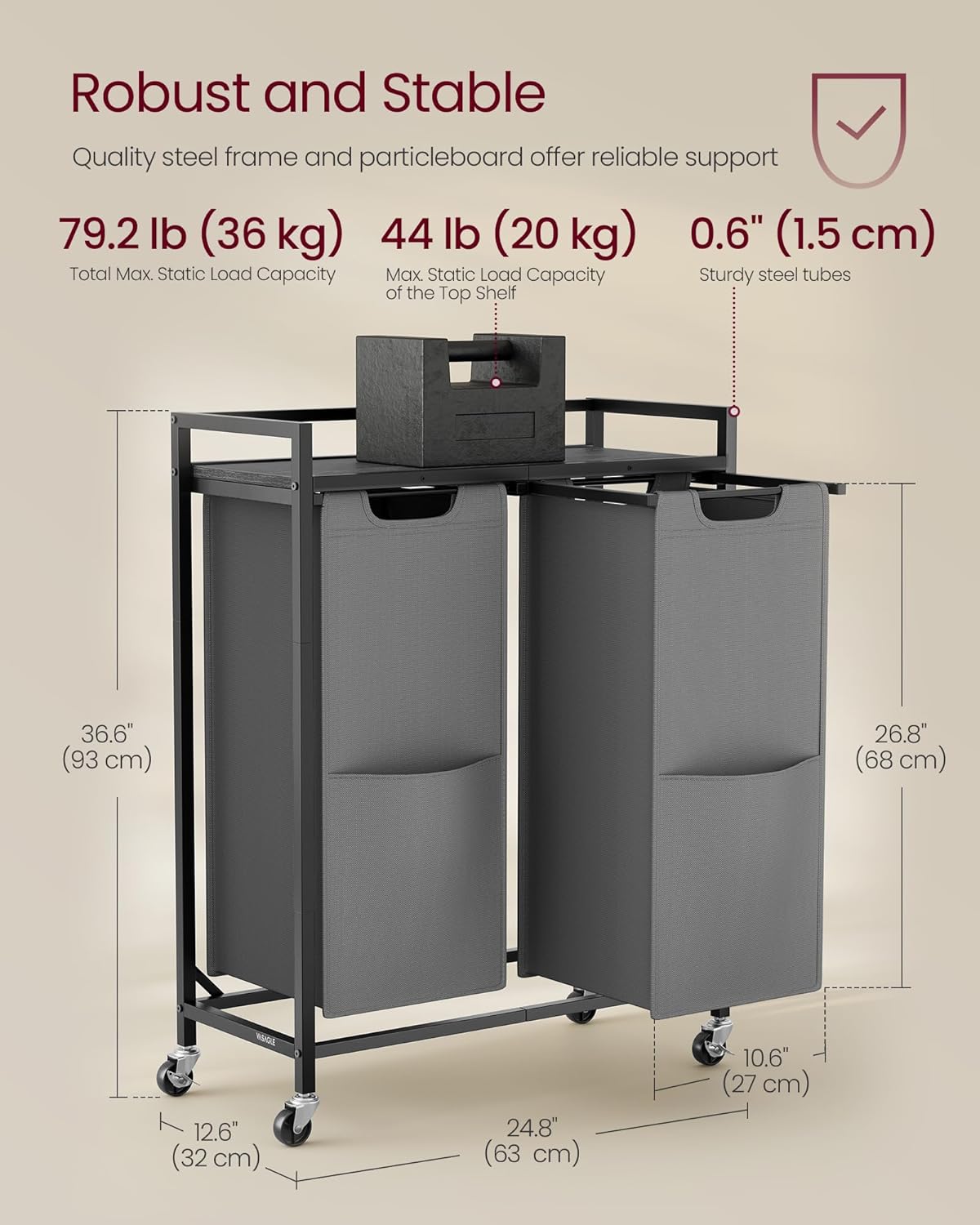 VASAGLE Laundry Sorter, 29 Gal. (110 L) Laundry Hamper Basket with 2 Compartments, Rolling Cart with Wheels, Shelf, Removable Bags, Pockets, Slate Gray and Charcoal Gray UBLH021G01