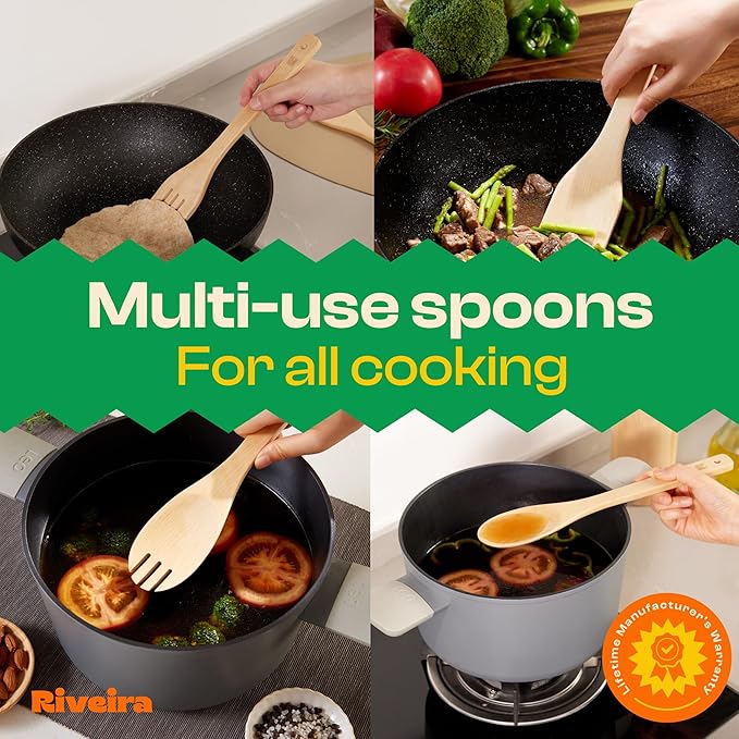 Riveira Maple Wooden Cooking Utensils Set of 6 Premium Non-Toxic Wooden Spoons & Spatula for Cooking