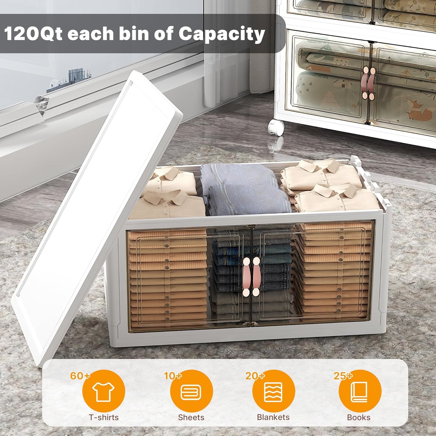 Extra Large Stackable Storage Bins with Lids & Wheels & Door, 896QT-112QT/28GAL*8Pack Foldable Collapsible Closet Organizers, Plastic containers drawers for bedroom Dorm