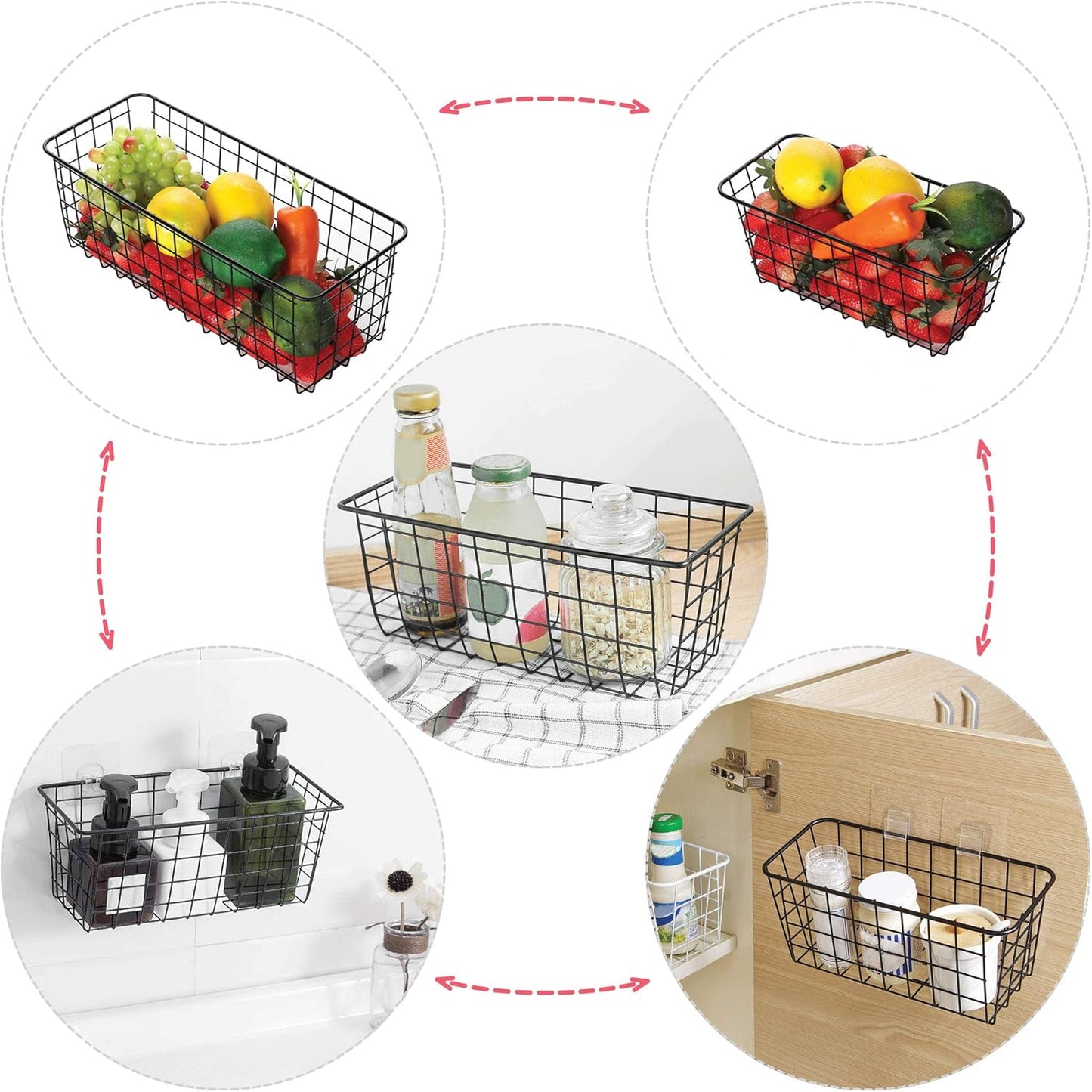 4 Pack Wire Storage Baskets Household Metal Wall-Mounted Containers Organizer Bins for Kitchen Bathroom Freezer Pantry Closet Laundry Room Cabinets Garage Shelf, Medium
