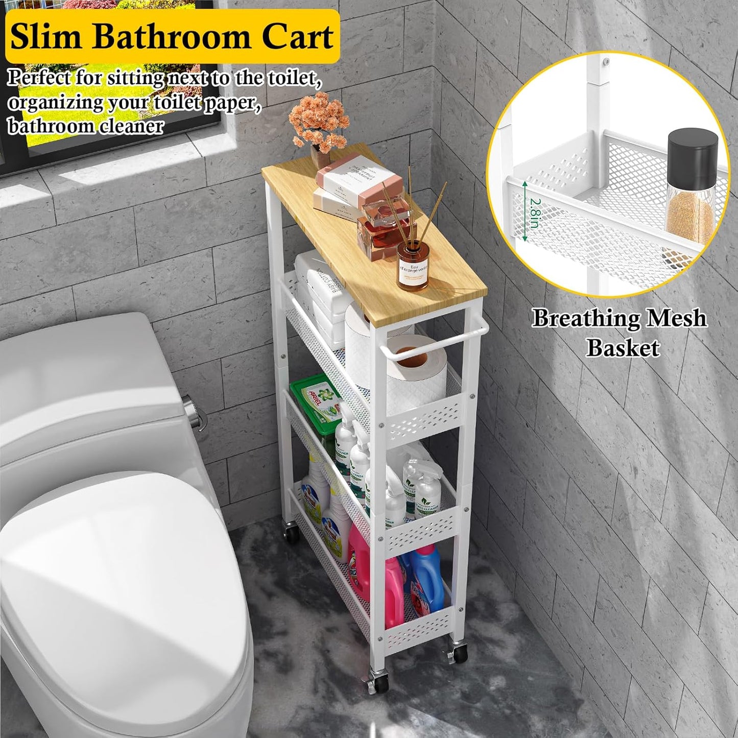 Utility Slim Storage Cart, 4 Tier Small Rolling Kitchen Laundry Room Cart with Wood Top, Metal Narrow Bathroom Storage Cabinet Mobile Shelf Unit Organizer Trolley with Handle for Narrow Space