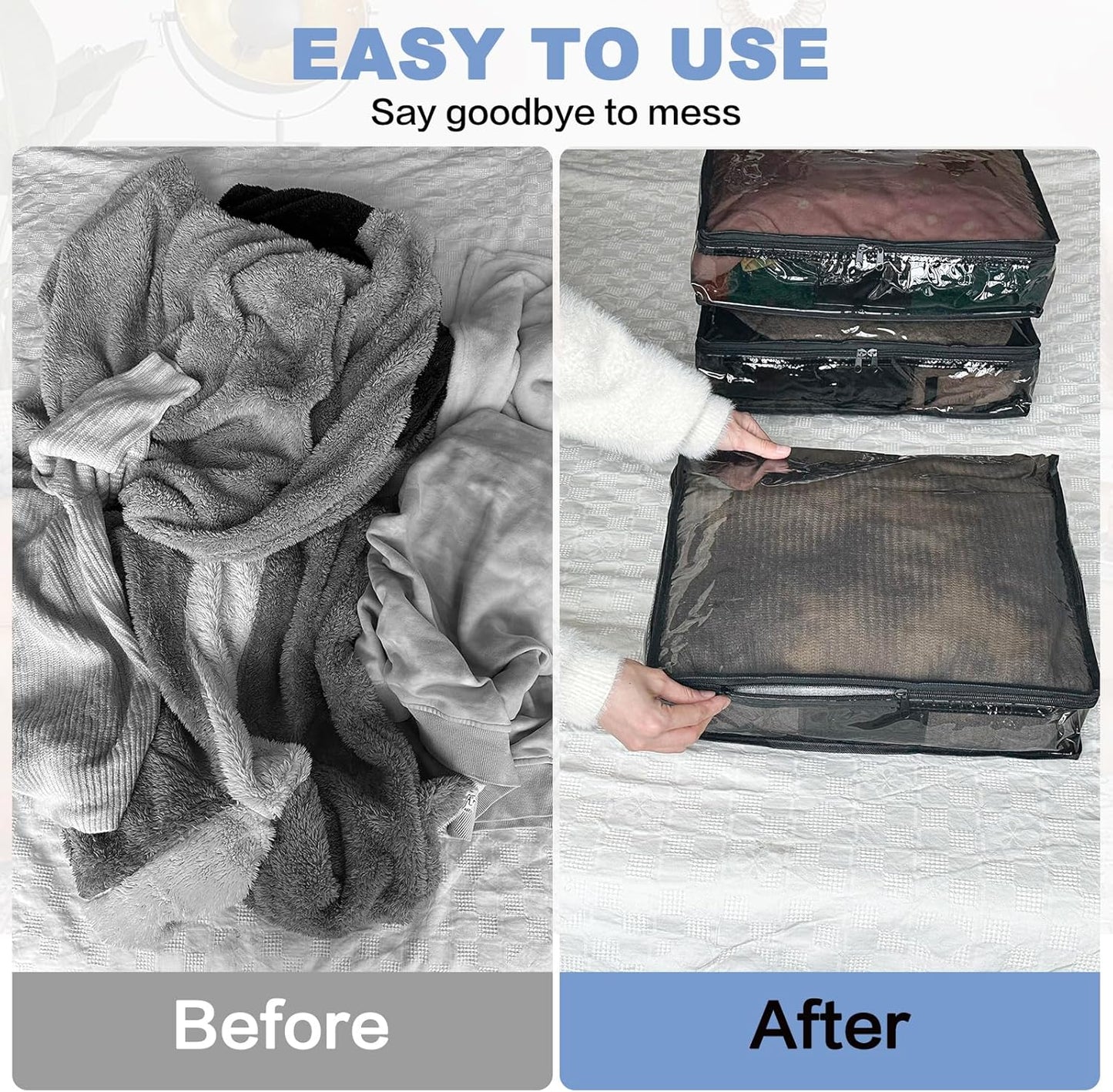 Clear Zippered Storage Bags Plastic Sweater Storage Bags with Zipper 6 Packs Clothing Organizer for Blankets Linen Sweater Bed Sheet Quilt Clothes Pillow (12 x 12 x 12 Inch, Black)