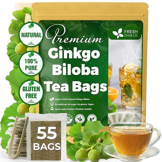 FreshDrinkUS, Premium 55 Ginkgo Biloba Leaf Tea Bags, 100% Natural & Pure from Ginkgo Biloba Leaves. Loose Leaf Herbal Tea. Made with Eco-Conscious Tea Bags. No Sugar, No Caffeine, No Gluten, Vegan.