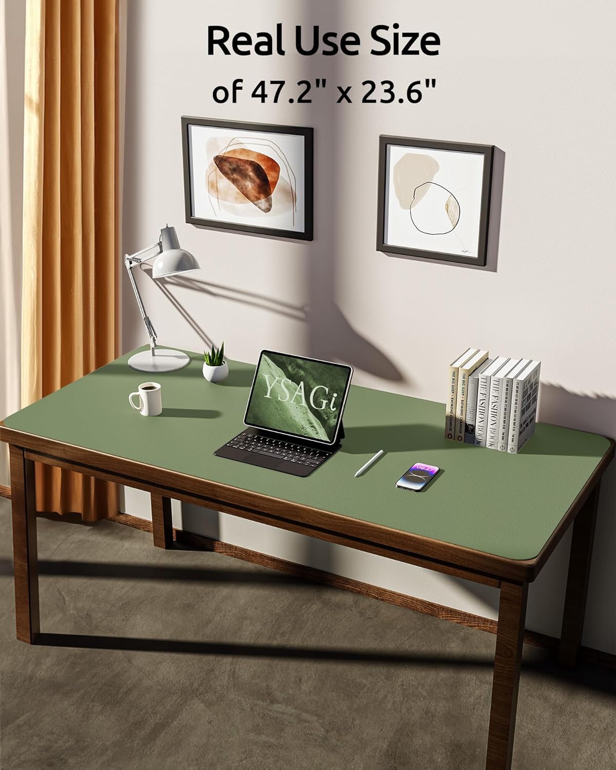 YSAGi Leather Desk Protector, Office Mat, Large Mouse Mat, Non-Slip PU Leather Blotter, Laptop Desk Pad, Waterproof Writing Pad for Office and Home (Bamboo Green, 47.2" x 23.6")