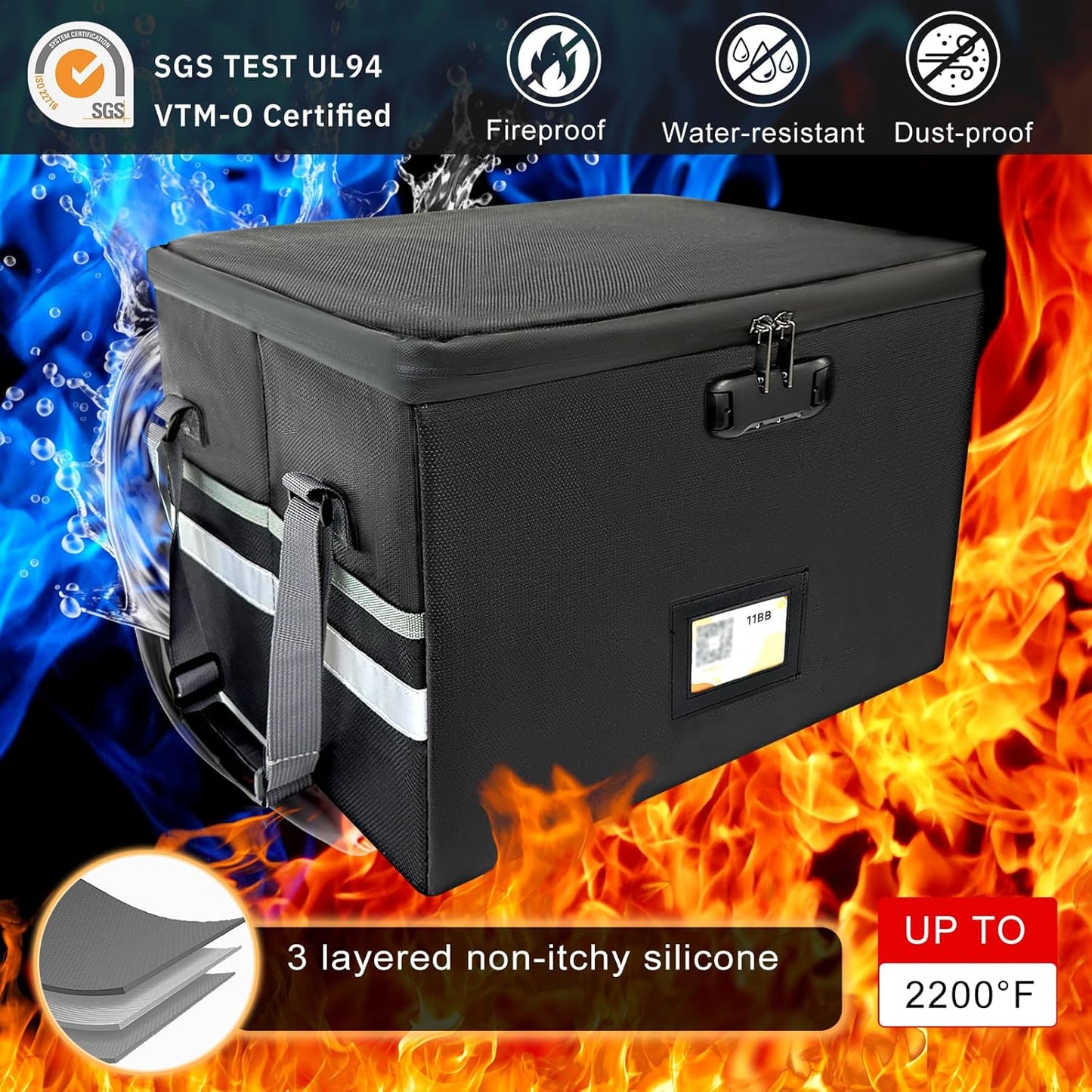 Large Next of Kin Box Organizer with Smart Labels, Fireproof Foldable File Organizer with Combination Lock, 10 Hanging Files and 20 Category Labels for Label Documents(15.7"L×12.2"W×10.6"H)