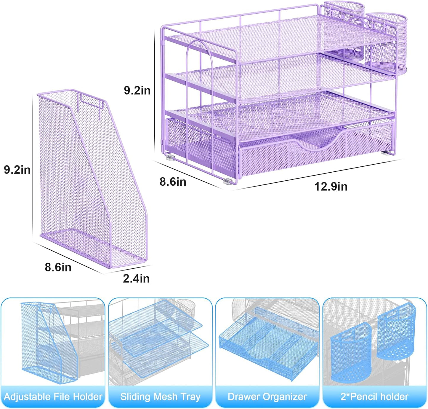 gianotter Desk Organizers and Accessories with File Holder, 4-Tier Desk Accessories & Workspace Organizers with Drawer and 2 Pen Holder, Paper Organizer for Office Supplies (Purple)