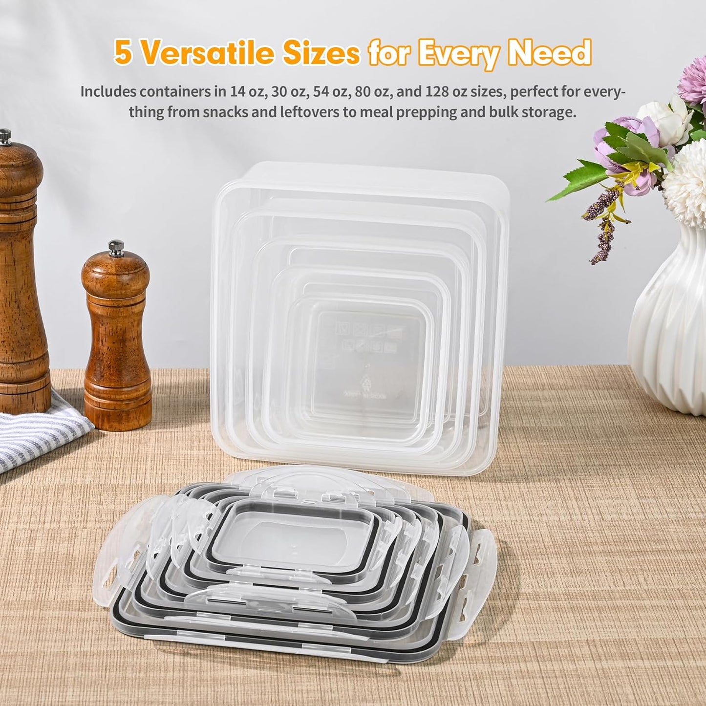 5 Pack Large Food Storage Containers with Leak-Proof Lids, Stackable Kitchen Storage Bowls Sets (14/30/54/80/128 oz), Reusable Meal Prep Plastic Containers, BPA-Free, Dishwasher Safe