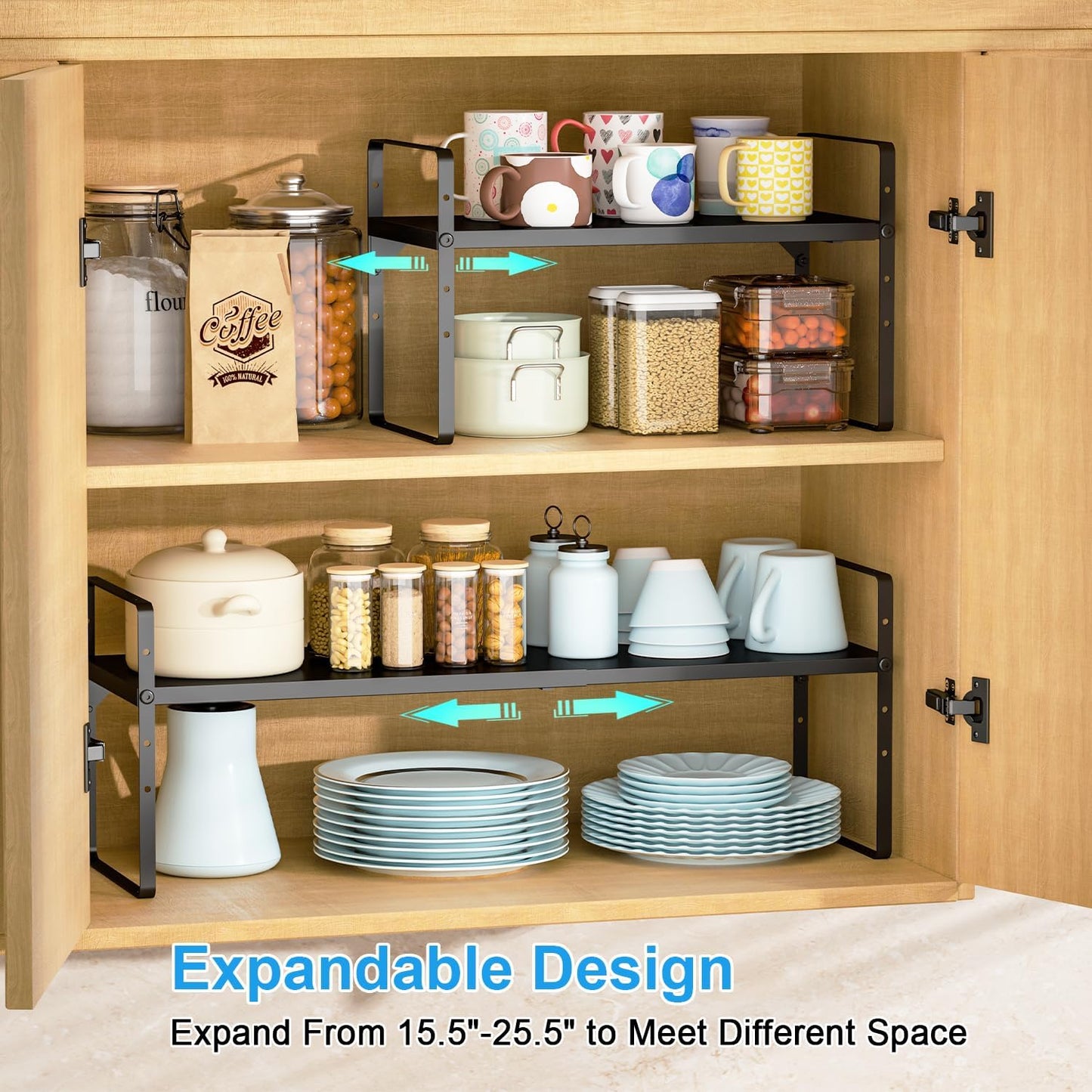 15.5 to 25.5 Inch Kitchen Cabinet Shelf Organizers, Adjustable Kitchen Counter Shelf Organizer, Set of 4 Expandable Countertop Storage Shelves, Stackable Design, 30LBS Heavy Duty, Space Saver
