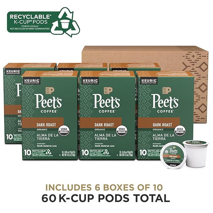 Peet's Coffee, USDA Organic Dark Roast Keurig K-Cup Pods - Alma de la Tierra 60 Count (6 Boxes of 10 Pods)