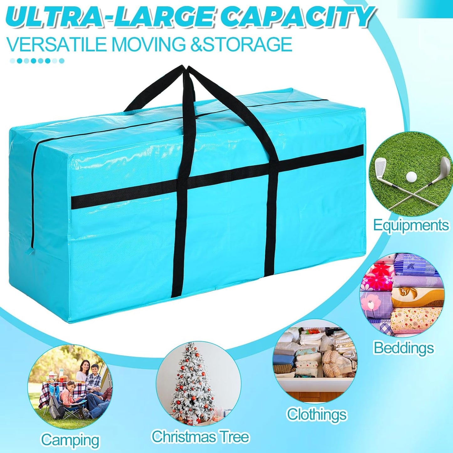4 Pcs 66 Gallon Large Moving Bags with Zipper and Handles Foldable Storage Duffle Bags Heavy Duty Extra Large Totes for College Dorm Travel Clothes Blankets Bedding Moving(Lake Blue)