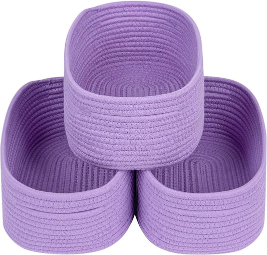 CubesLand Small Storage Baskets for Shelves, Closet Organization Storage Bins Empty Gift Basket 3 Packs Baby Nursery Woven Baskets for Organizing, Rectangular Clothes Closet Shelves Baskets Purple