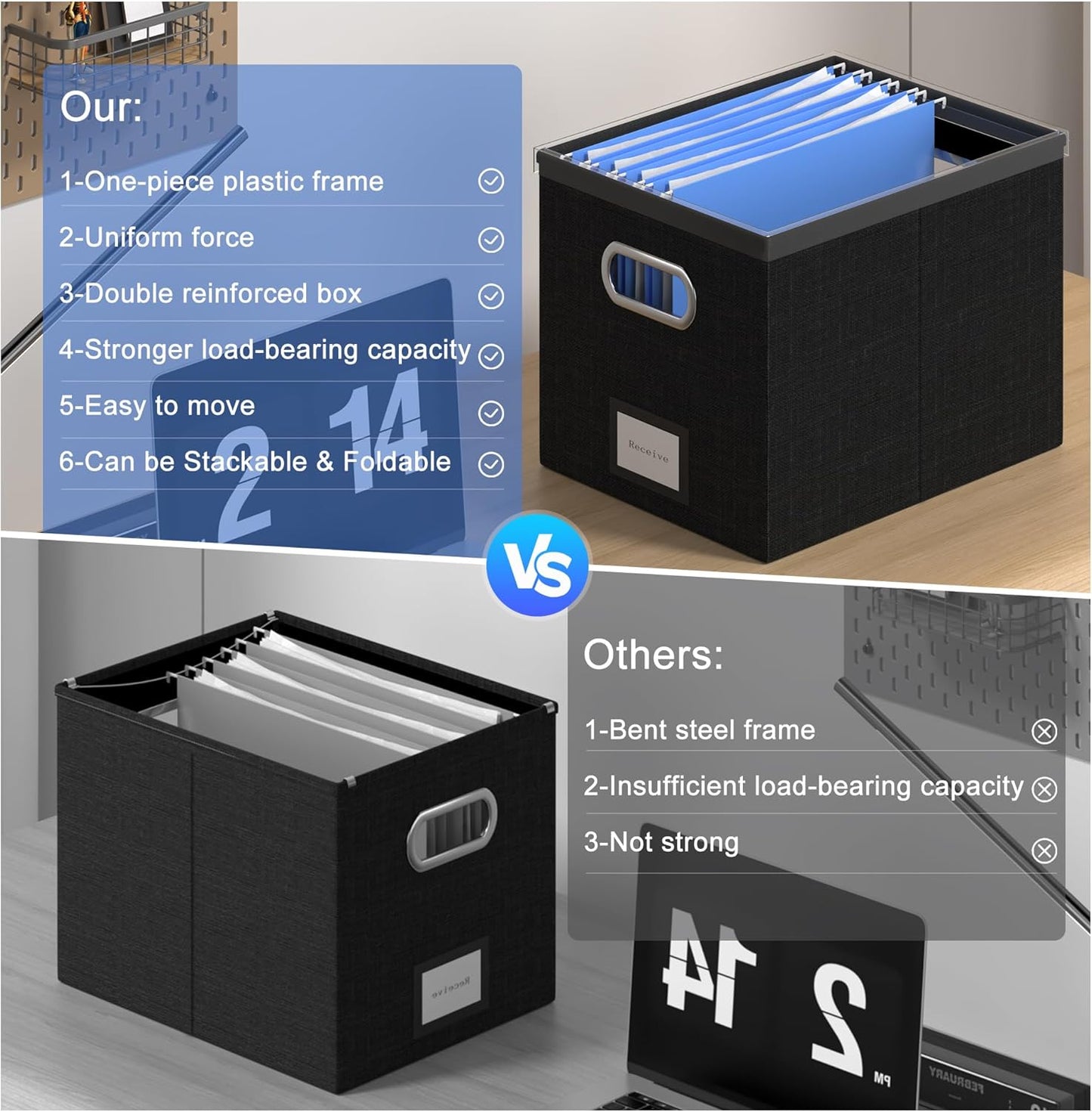 File Organizer Box - File Boxes for Hanging Files with Lid Set of 3 Decorative Hanging Folders Organizer with One-Piece Plastic Frame Slides (Black, 13.2 * 10.1 * 10.1in(2Pack))