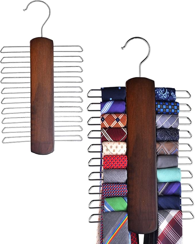 Umo Lorenzo 2 Pack Premium Wooden Necktie and Belt Hanger, Walnut Wood Center Organizer and Storage Rack with a Non-Slip Finish - 20 Hooks