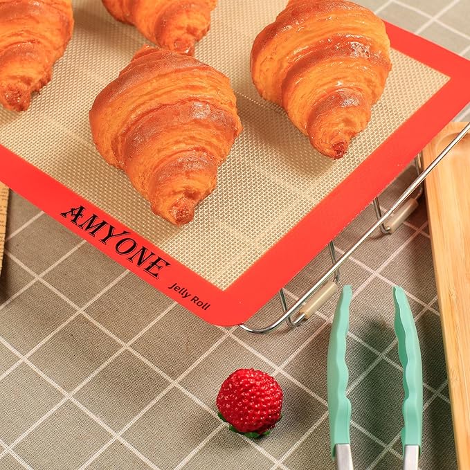 AMYONE Silicone Baking Mat for Jelly Roll Pan, Non-Stick Silicone Baking Sheet Liners Compatible with Nordic Ware Naturals Jelly Roll Pans, 2 Pcs Food Grade Baking Mats for 10 x 15-inch Swiss Roll Pan