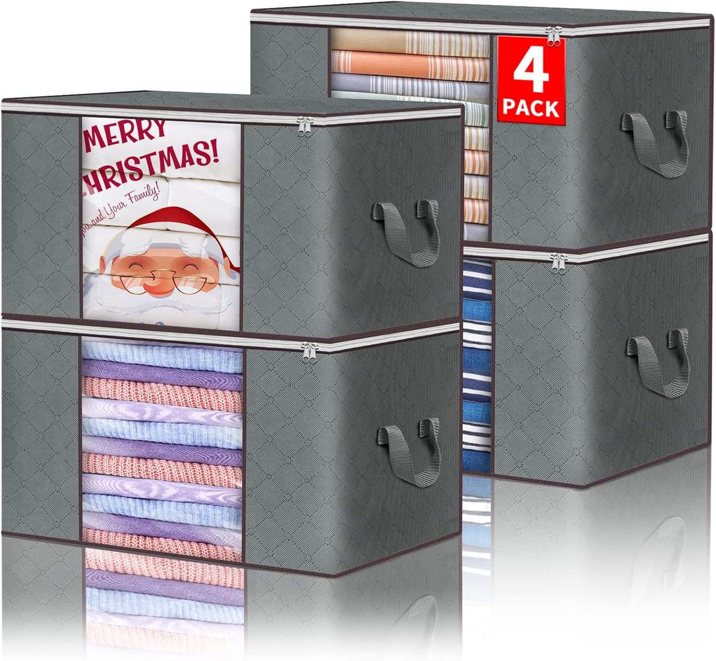 Budding Joy Clothes Storage, Foldable Large Blanket Bags, Storages and Organization for Clothing, Blanket, Comforter, Clothes, Pillows, Toys, Closet Organizers with Enhanced Handle, 60L 4 Pack