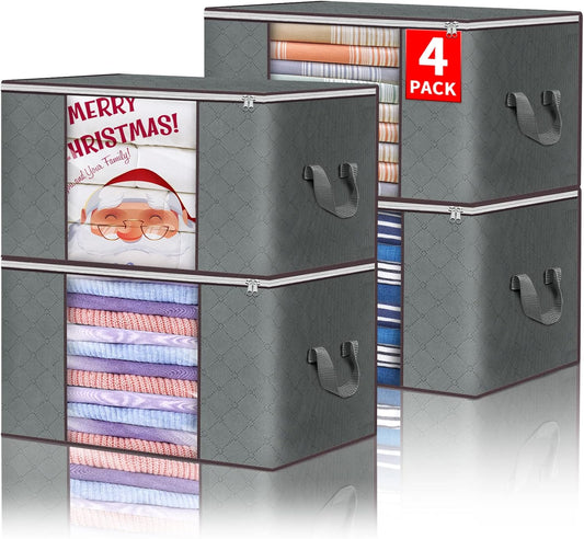 Budding Joy Clothes Storage, Foldable Large Blanket Bags, Storages and Organization for Clothing, Blanket, Comforter, Clothes, Pillows, Toys, Closet Organizers with Enhanced Handle, 60L 4 Pack