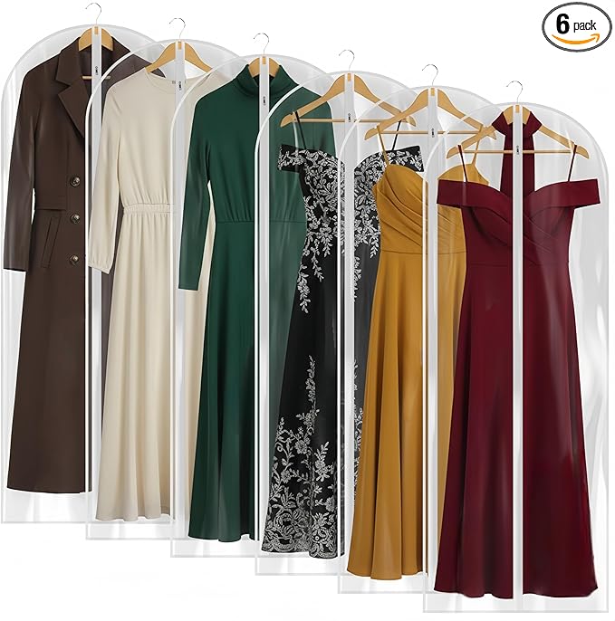 60” All Clear Garment Bags for Travel - PEVA Waterproof Suit Cover with Zipper for Hanging Clothes, long Gowns - Durable Dresser for Closet Storage, Dustproof & Moisture Resistant - 60”/6 Pack
