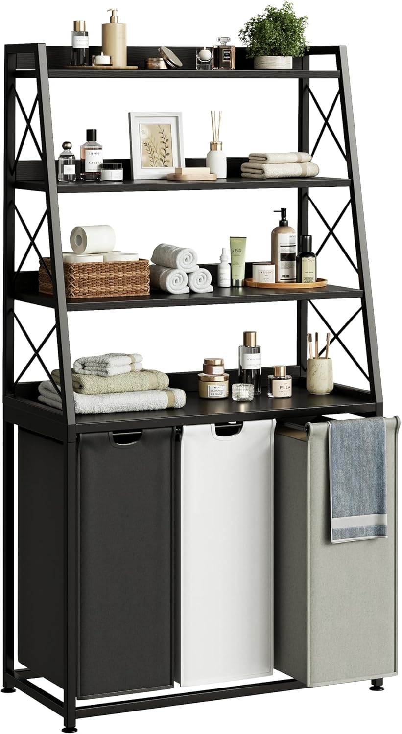 Laundry Basket, 3 Section Laundry Hamper with 4 Tiers Shelf, Pull-Out and Removable Laundry Bags, Large 3 x 15.87 Gallons, for Laundry Room Bathroom Black PF05XLK