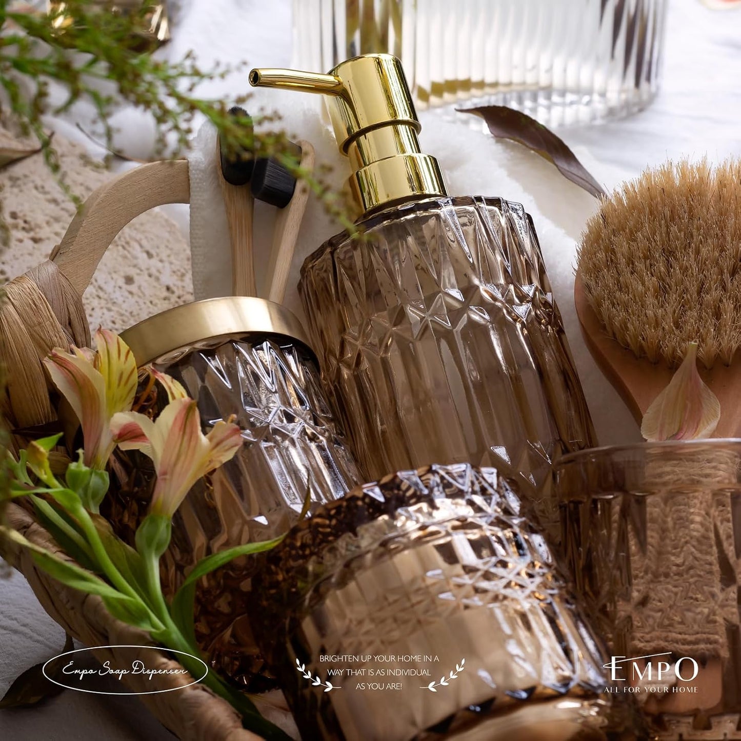 EMPO 6PCS Bathroom Clear Glass Accessories Set (Lotion Soap Dispenser, Soap Dish, Toothbrush Holder, Tumbler, Cotton Swab Jar), Contemporary Modern Decor Crystal Vintage Gift (6pcs Brown)