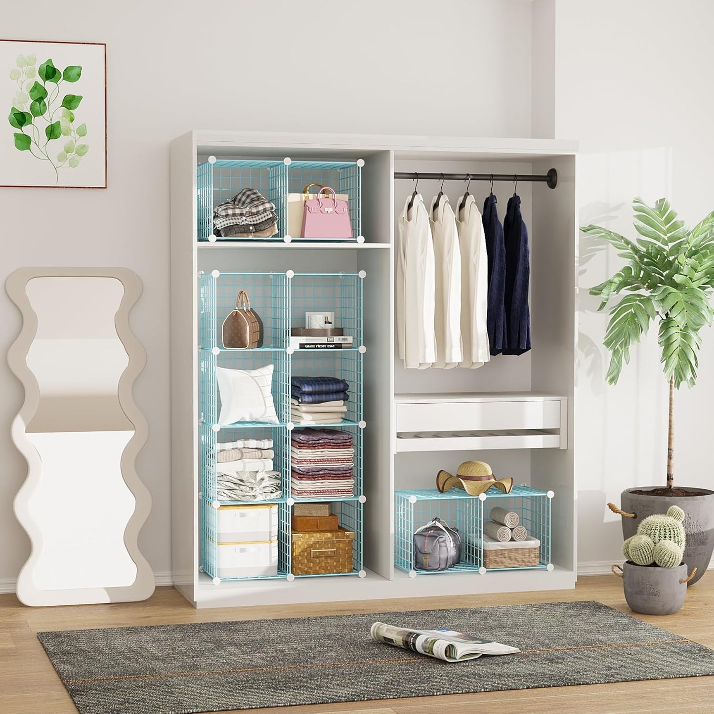 C&AHOME Wire Cube Storage, 12 - Cube Organizer Metal C Grids, Modular Shelves Units, Closet Organizer, Ideal for Home, Office, Living Room, 36.6”L x 12.4”W 48.4”H, Blue UWCS3012B