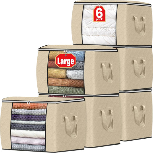 Fab totes 24 Gallons Clothes Storage, Foldable Thick Fabric Blanket Storage Bags, Containers for Organizing Bedroom, Closet, Clothing, Comforter, Organization with Handle (6 Pack,Beige)