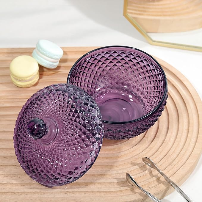 Joeyan 12 oz Small Dark Purple Glass Jars with Lid,Embossed Candy Dishes,Diamond Faceted Food Container,Decorative Jewelry Box Apothecary Canisters,Colored Kitchen Bathroom Buffet Storage Organizer