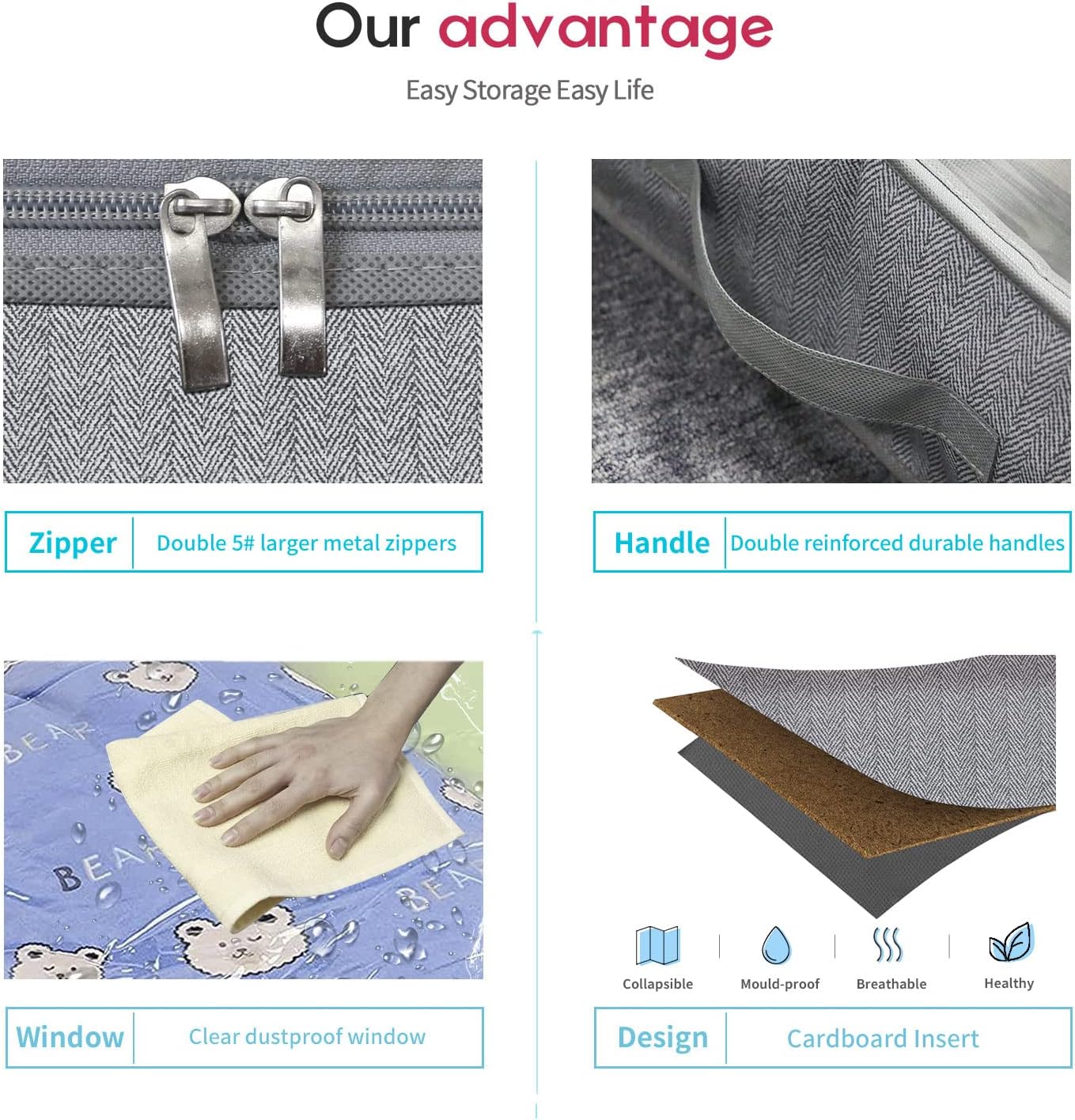 Onlyeasy Breathable Under Bed Storage Bags with 4 Reinforced Handles and Sturdy Side Wall, 2 Pack Eco-friendly Underbed Clothing Blankets Organizer with 2 Strong Zippers, Herringbone Grey, MXRUBBSS2P