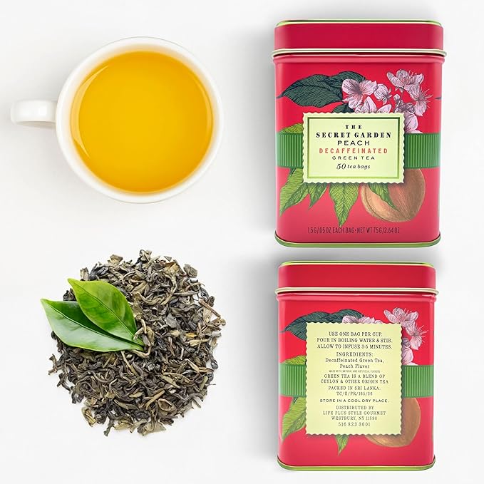 Premium Decaf Peach Herbal Green Tea Bags 50 Pack Designer Tin, Eco-Friendly, Sugar Free, Keto & Diabetic Friendly Full Bodied Aromatic Flavor Family Share Size Bulk Teabags (50-Count)