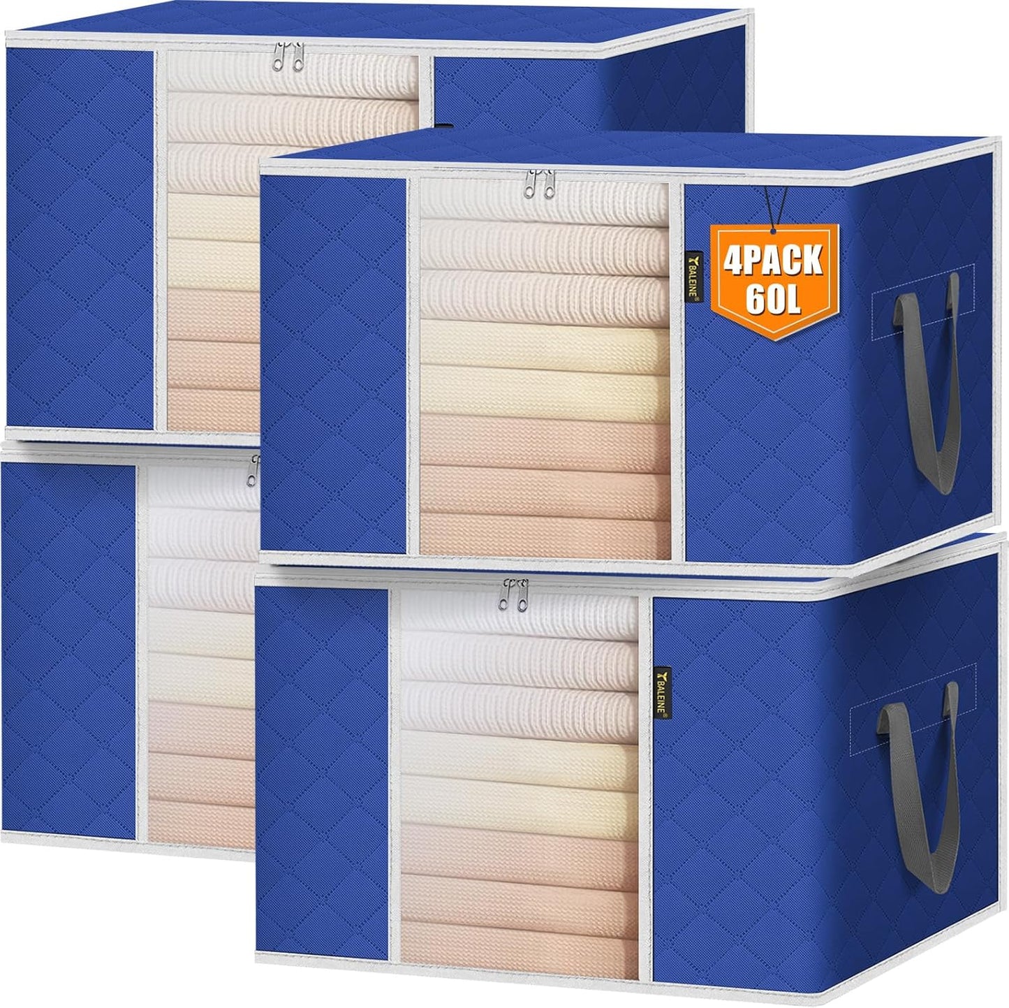 BALEINE 4 Pack Clothes Storage Bags, 16 Gallon Storage Containers with Reinforced Handle, Sturdy Zipper, Closet Organizer for Blanket, Comforter, Pillow, Bedding (Blue, 4 Pack)