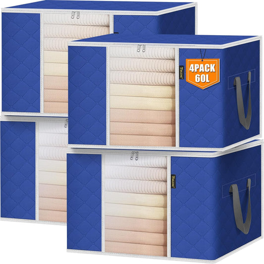 BALEINE 4 Pack Clothes Storage Bags, 16 Gallon Storage Containers with Reinforced Handle, Sturdy Zipper, Closet Organizer for Blanket, Comforter, Pillow, Bedding (Blue, 4 Pack)