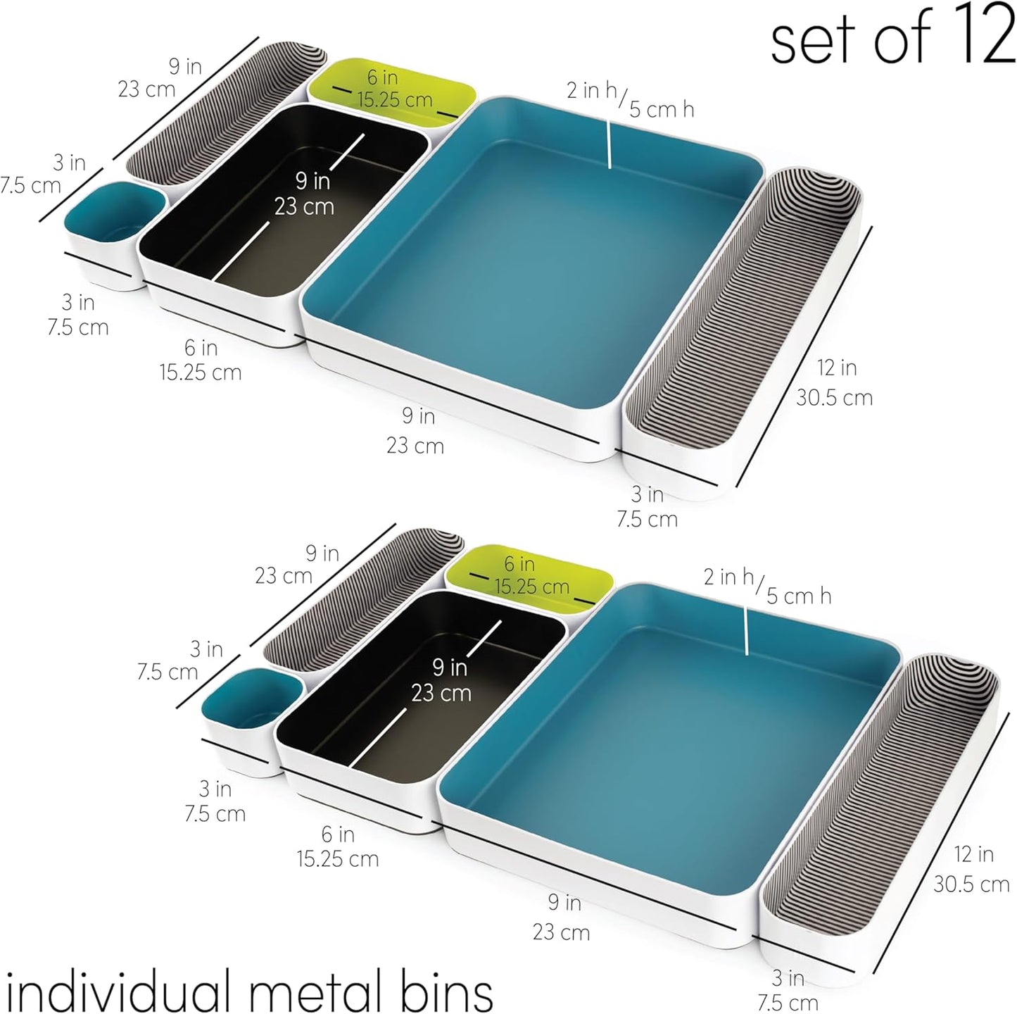 Three by Three Seattle 12 Piece Metal Organizer Tray Set for Storing Makeup, Stationery, Utensils, and More in Office Desk, Kitchen and Bathroom Drawers (2 Inch, Assorted Colors, Stripes)