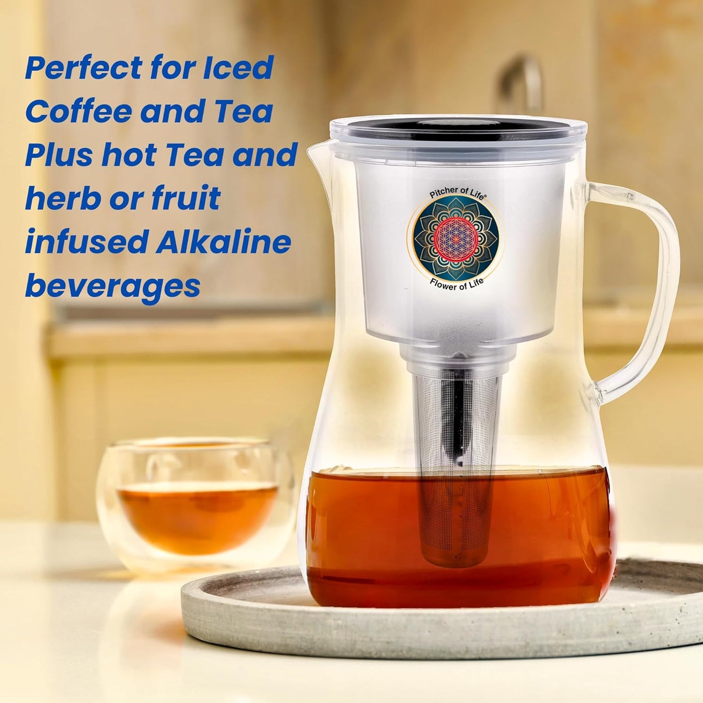 Borosilicate Glass Alkaline Water Pitcher of Life with Stainless Steel Fruit Infuser Glass Water Filter Pitcher with Lid Clearly Filtered Water Pitcher Increases pH NSF/ANSI 42 & 61 Certified Filters