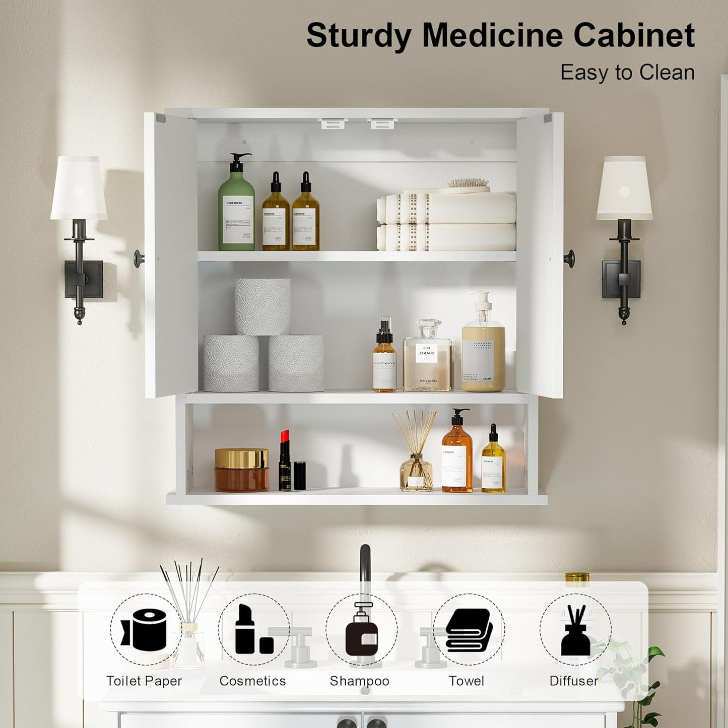 Bathroom Medicine Cabinet,2 Doors White Bathroom Wall Cabinet with Arched,Over Toilet Storage Cabinet for Laundry Room/Kitchen/Living Room,Surface Mount Medicine Cabinets 23x24