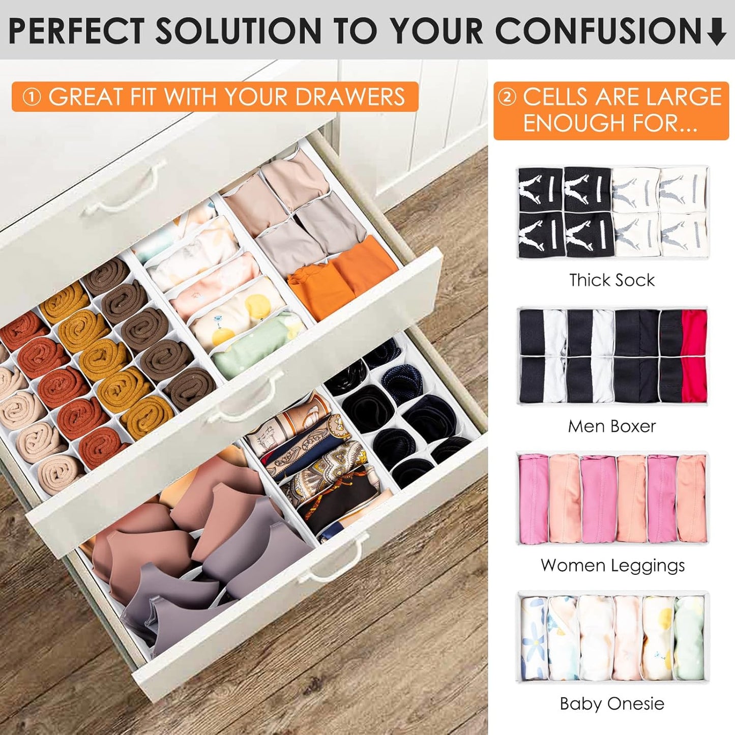 Drawer Organizer Clothes, 8 Pack Dresser Organizer Bins for Baby Clothes, Underwear Sock, Fabric Closet Organization and Storage Dividers for Nursery Bedroom (96 Compartments, White)