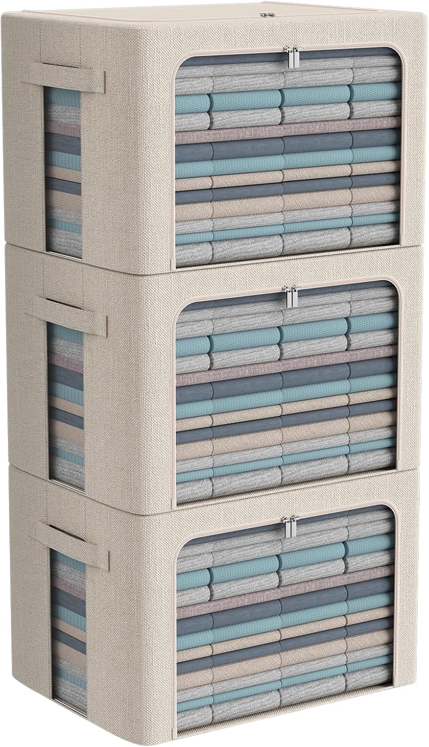 3Pack Foldable Storage Bins - Frame Storage Box Linen Fabric Stackable Clothes Container Organizer with Clear Window & Carry Handles Large Capacity (Large-66L, Beige)